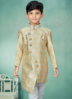 Beige Banarasi Silk Jacquard Indowestern Sherwani Party Wear 5 Beige Banarasi Silk Jacquard Indowestern Sherwani Party Wear -C Bazaar Shop beige banarasi silk jacquard indowestern sherwani kdbmsgrk537 b