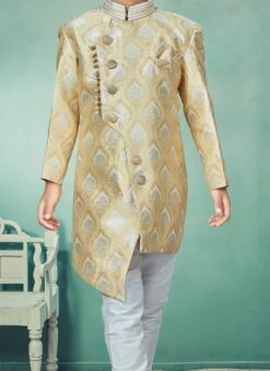Beige Banarasi Silk Jacquard Indowestern Sherwani Party Wear
