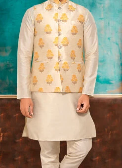 Beige Brocade Nehru Jacket