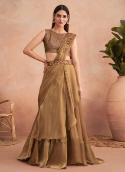 Beige Chinon Silk Embroidered Ready Pleated Saree Party Wear -C Bazaar Shop beige chinon silk embroidered ready pleated saree saska36337311e u