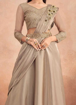 Beige Chinon Silk Embroidered Sequins Ready Pleated Saree Party Wear