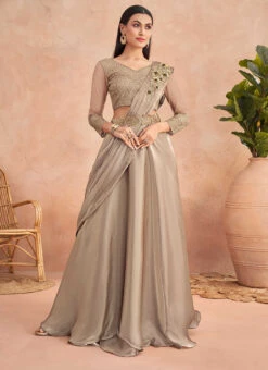 Beige Chinon Silk Embroidered Sequins Ready Pleated Saree Party Wear -C Bazaar Shop beige chinon silk embroidered sequins ready pleated saree saska36367304e u