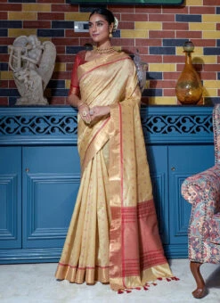 Beige Color Woven Work Tussar Silk Saree Festive Wear -C Bazaar Shop beige color woven work tussar silk saree sasacw5958 u