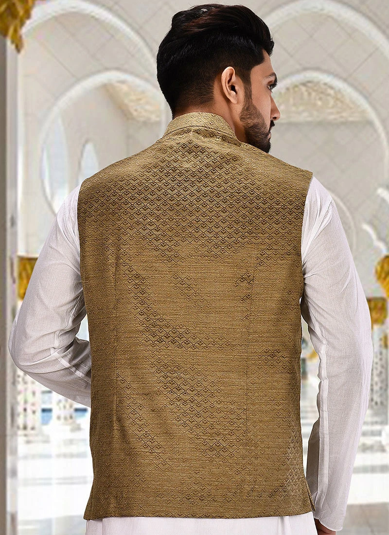 Beige Cotton Jacquard Nehru Jacket 3 Beige Cotton Jacquard Nehru Jacket - Image 3