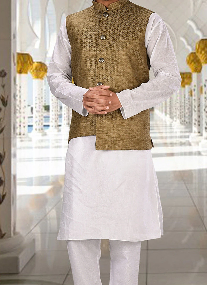 Beige Cotton Jacquard Nehru Jacket 1 Beige Cotton Jacquard Nehru Jacket