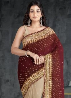 Beige Georgette Hand Work Half N Half Saree Party Wear -C Bazaar Shop beige georgette hand work half n half saree sadsf4844 b