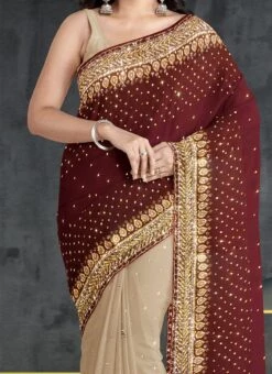 Beige Georgette Hand Work Half N Half Saree Party Wear