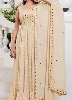Beige Georgette Sequins Embroidered Work Anarkali Suit Party Wear