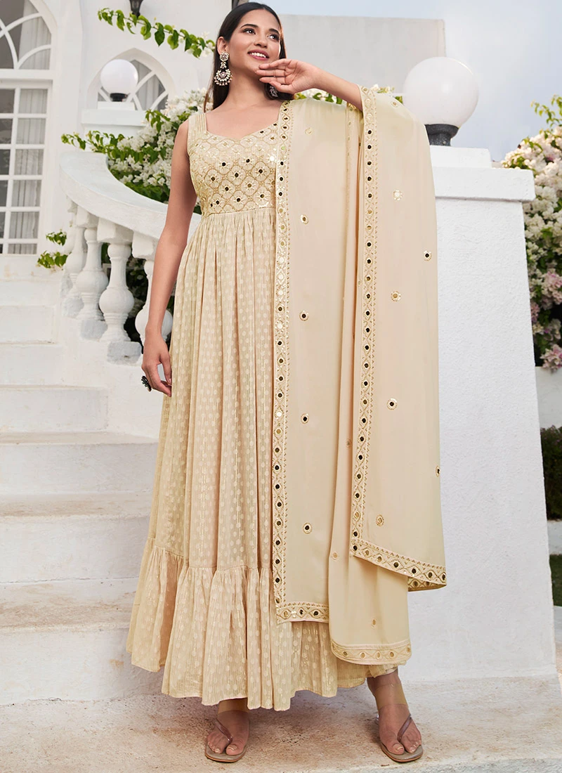 Beige Georgette Sequins Embroidered Work Anarkali Suit Party Wear 3 Beige Georgette Sequins Embroidered Work Anarkali Suit Party Wear - Image 3