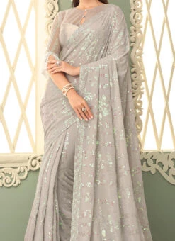 Beige Georgette Sequins Work Saree Party Wear