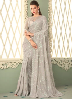 Beige Georgette Sequins Work Saree Party Wear -C Bazaar Shop beige georgette sequins work saree samkns9367203 u