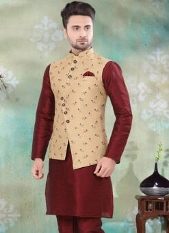 Beige Jacquard Silk Embroidered Nehru Jacket -C Bazaar Shop beige jacquard silk embroidered nehru jacket jmkmdcj526 b