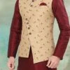 Beige Jacquard Silk Embroidered Nehru Jacket