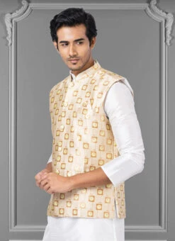 Beige Jacquard Silk Nehru Jacket 5 Beige Jacquard Silk Nehru Jacket -C Bazaar Shop beige jacquard silk nehru jacket jmkkvs475 b