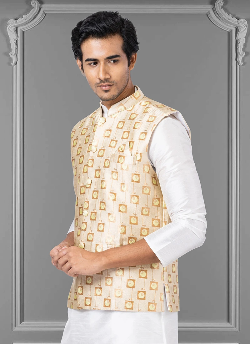Beige Jacquard Silk Nehru Jacket 3 Beige Jacquard Silk Nehru Jacket - Image 3