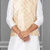 Beige Jacquard Silk Nehru Jacket