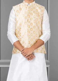 Beige Jacquard Silk Nehru Jacket