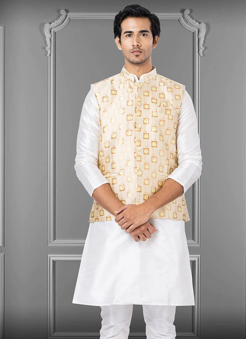 Beige Jacquard Silk Nehru Jacket 2 Beige Jacquard Silk Nehru Jacket - Image 2