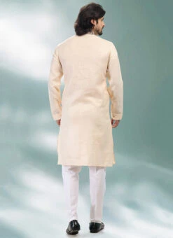 Beige Linen Cotton Embroidery Kurta Pyjama Festive Wear -C Bazaar Shop beige linen cotton embroidery kurta pyjama kpmsc2106 b