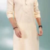Beige Linen Cotton Embroidery Kurta Pyjama Festive Wear
