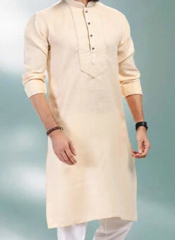 Beige Linen Cotton Embroidery Kurta Pyjama Festive Wear