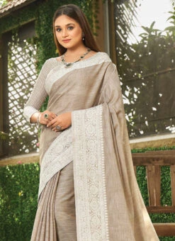 Beige Linen Zari Work Border Saree Party Wear -C Bazaar Shop beige linen zari work border saree sassgava1002 b
