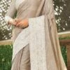 Beige Linen Zari Work Border Saree Party Wear