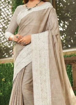 Beige Linen Zari Work Border Saree Party Wear