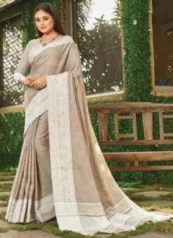 Beige Linen Zari Work Border Saree Party Wear -C Bazaar Shop beige linen zari work border saree sassgava1002 u