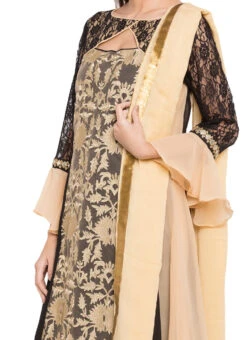 Beige N Black Embroidered Anarkali Suit Party Wear