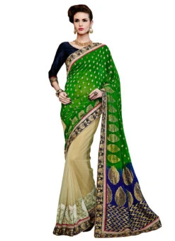 Beige N Green Net N Brocade Half N Half Saree Festive Wear -C Bazaar Shop beige n green net n brocade half n half saree sacvi3010 u