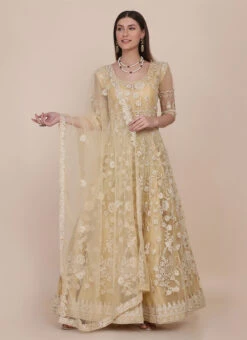 Beige Net Embroidered Work Anarkali Suit Party Wear -C Bazaar Shop beige net embroidered work anarkali suit slsacw2466 u