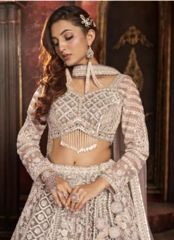 Beige Net Hand Work Umbrella Lehenga Wedding Wear -C Bazaar Shop beige net hand work umbrella lehenga ghskls1005 b