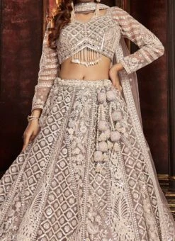 Beige Net Hand Work Umbrella Lehenga Wedding Wear