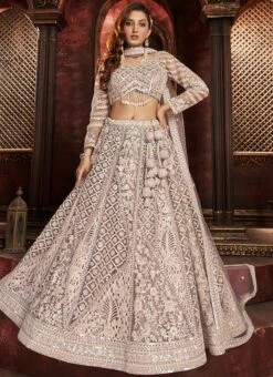 Beige Net Hand Work Umbrella Lehenga Wedding Wear -C Bazaar Shop beige net hand work umbrella lehenga ghskls1005 u