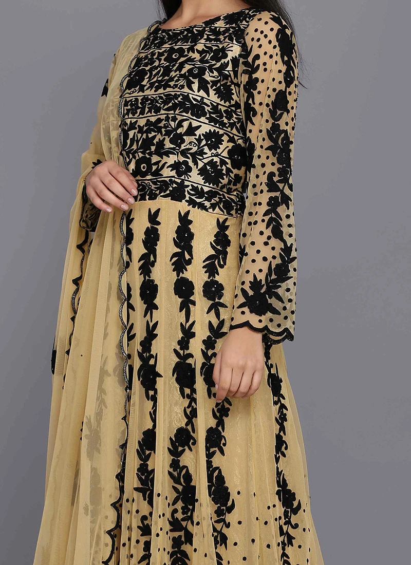 Beige Net Thread Work Anarkali Suit Party Wear 1 Beige Net Thread Work Anarkali Suit Party Wear