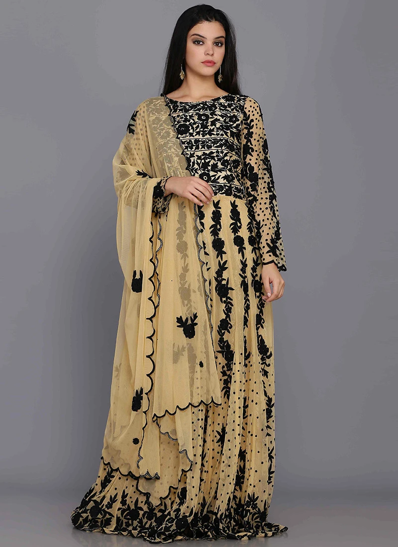 Beige Net Thread Work Anarkali Suit Party Wear 3 Beige Net Thread Work Anarkali Suit Party Wear - Image 3