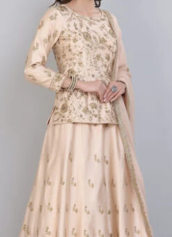 Beige Raw Silk Embroidered Long Choli Lehenga Wedding Wear