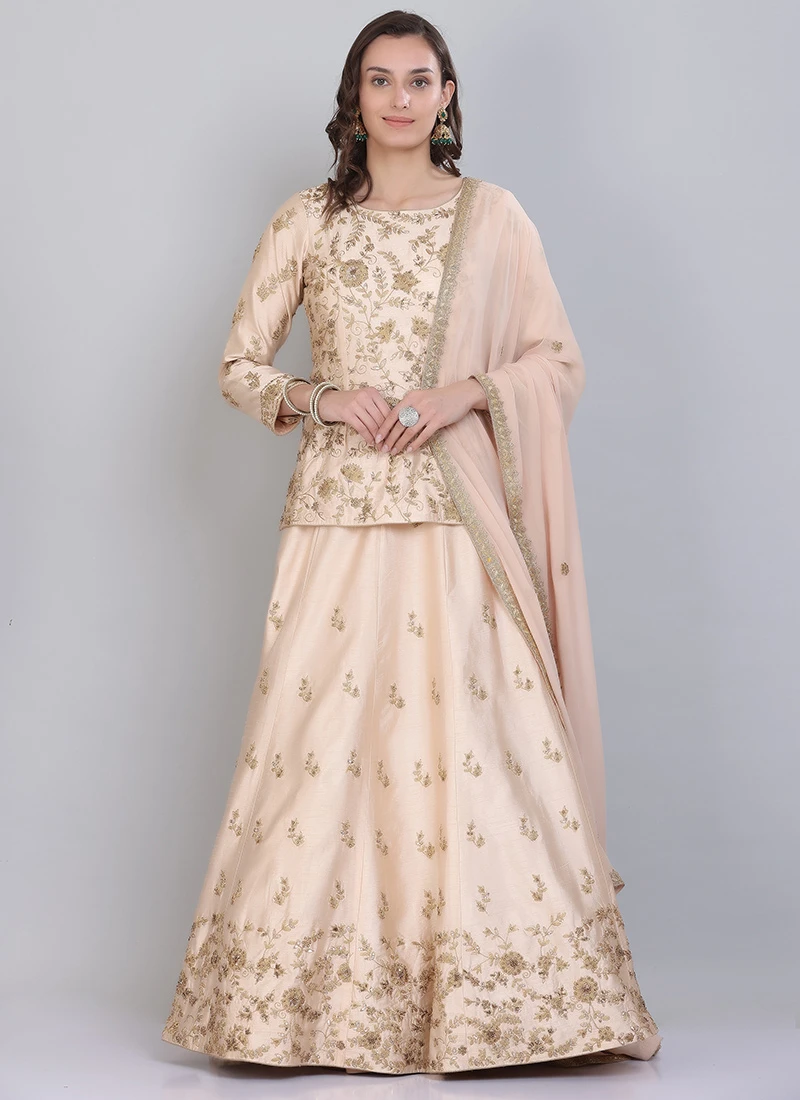 Beige Raw Silk Embroidered Long Choli Lehenga Wedding Wear 3 Beige Raw Silk Embroidered Long Choli Lehenga Wedding Wear - Image 3