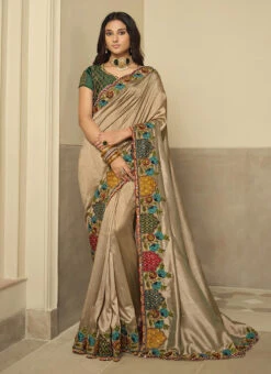 Beige Silk Zari Embroidery Work Saree Party Wear -C Bazaar Shop beige silk zari embroidery work saree samkns102214060 u