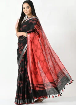 Black And Red Blended Cotton Sari After Six Wear 6 Black And Red Blended Cotton Sari After Six Wear -C Bazaar Shop black and red blended cotton sari sadmfs043 u