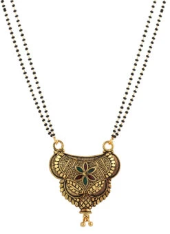 Black Antique Gold Plated Meenakari Flower Semi Round Shape Mangalsutra Wedding Wear