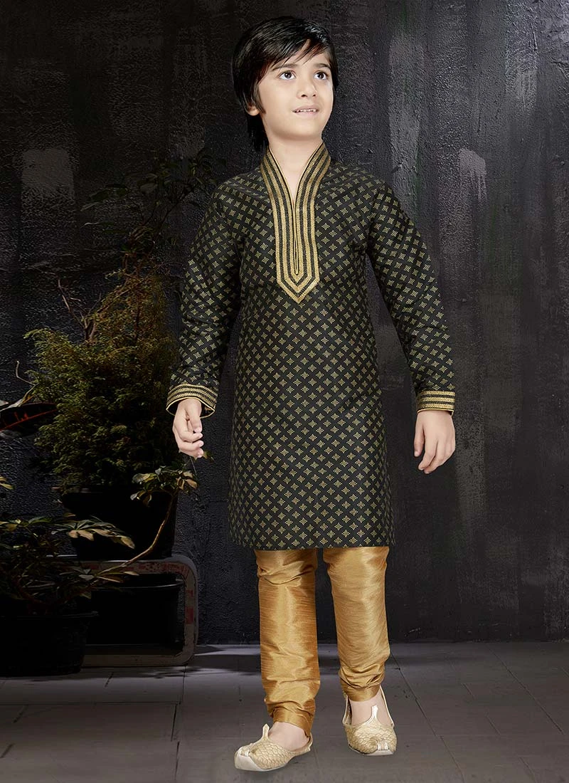 Black Art Dupion Silk Kids Kurta Pyjama 2 Black Art Dupion Silk Kids Kurta Pyjama - Image 2