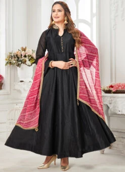 Black Art Silk Embroidered Gown Party Wear -C Bazaar Shop black art silk embroidered gown bgwrmnf824bl u