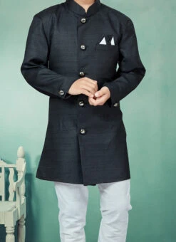 Black Art Silk Solid Stitched Indowestern Sherwani Party Wear