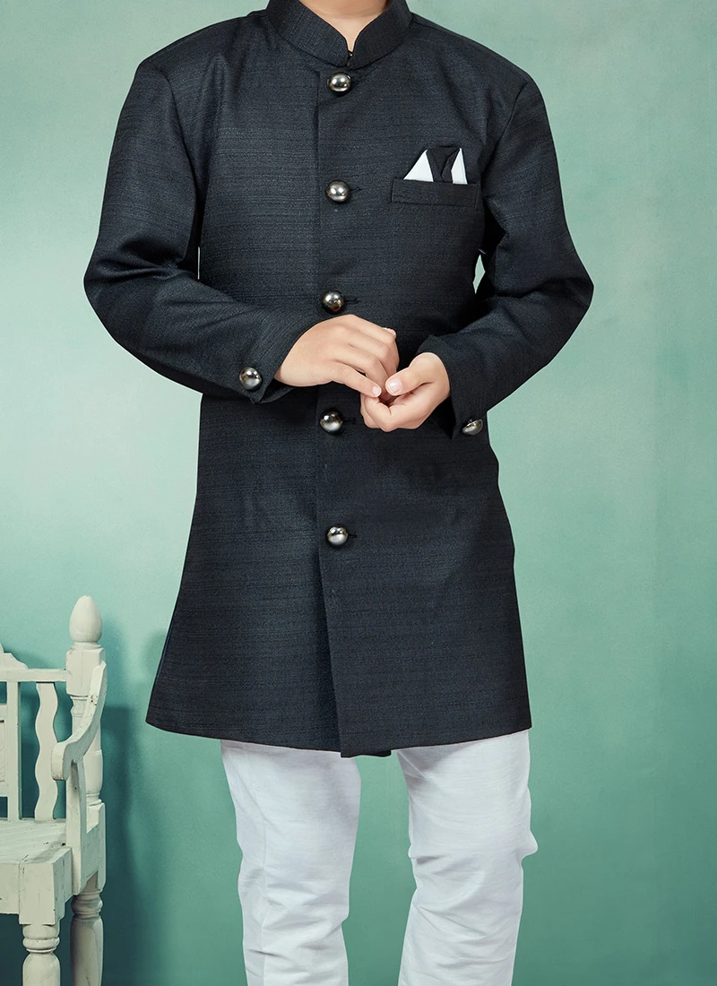 Black Art Silk Solid Stitched Indowestern Sherwani Party Wear 1 Black Art Silk Solid Stitched Indowestern Sherwani Party Wear