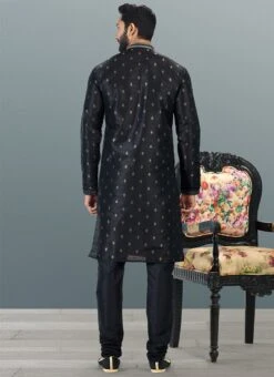 Black Banarasi Silk Jacquard Work Kurta Pyjama Party Wear -C Bazaar Shop black banarasi silk jacquard work kurta pyjama kpmsc2060 b