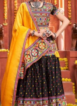 Black Cotton Embroidery With Mirror Work Chaniya Choli Festive Wear
