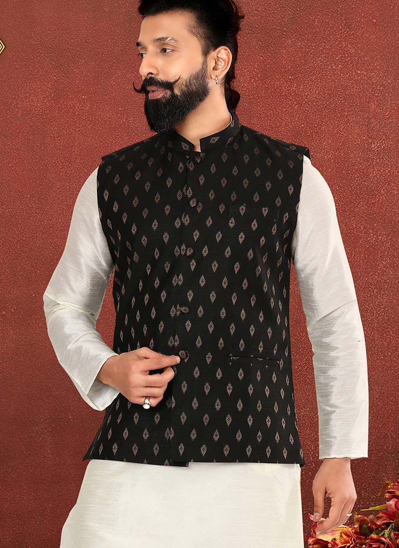Black Cotton Silk Jacquard Nehru Jacket 3 Black Cotton Silk Jacquard Nehru Jacket - Image 3