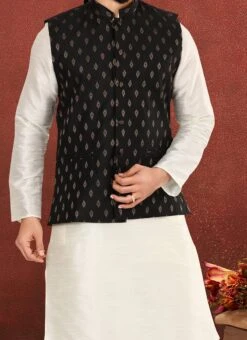 Black Cotton Silk Jacquard Nehru Jacket